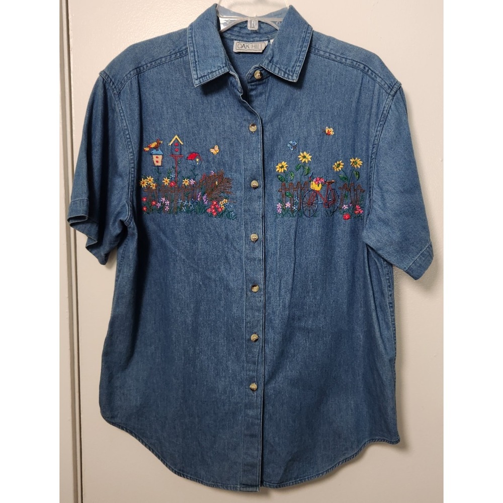 Vtg Oak Hill Denim Button Up Short Sleeve Embroidered Garden Fence Bike Birds Md